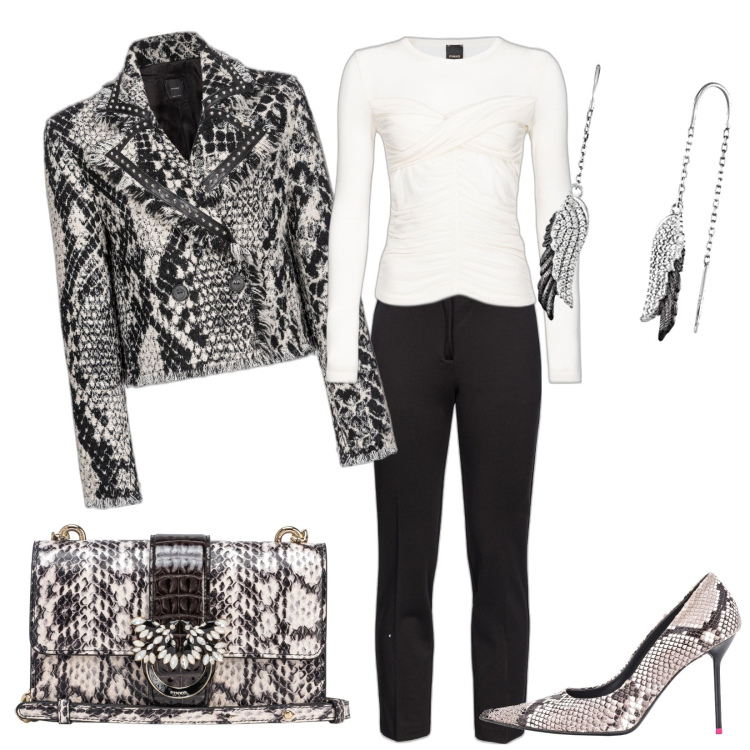 Outfit donna - Black and White trendy. Stile Glamour per Serata fuori. Abbinamento con décolleté, cappotti, maglieria, pantaloni, borse a tracolla, orecchini.