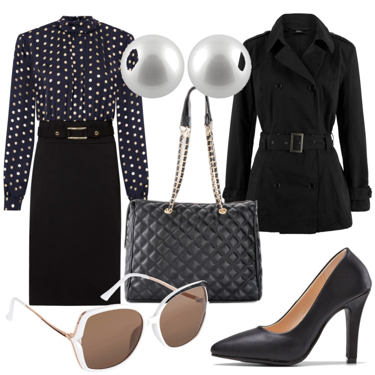 Outfit donna - Total look #1788862. Stile Vintage retrò per Ufficio. Abbinamento con shopping bag, vestiti, trench, décolleté, occhiali da sole, orecchini.