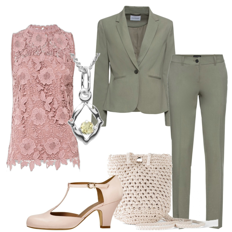 Outfit donna - Total look #1788866. Stile Casual chic per Tutti i giorni. Abbinamento con pantaloni, blazer, top, décolleté, borse a tracolla, collane.