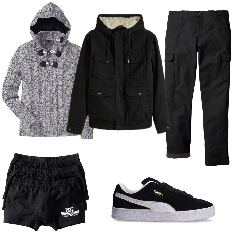 Outfit uomo - Intimo Bonprix. Stile Urban per Tutti i giorni. Abbinamento con maglieria, pantaloni cargo, boxer, piumini, sneakers.