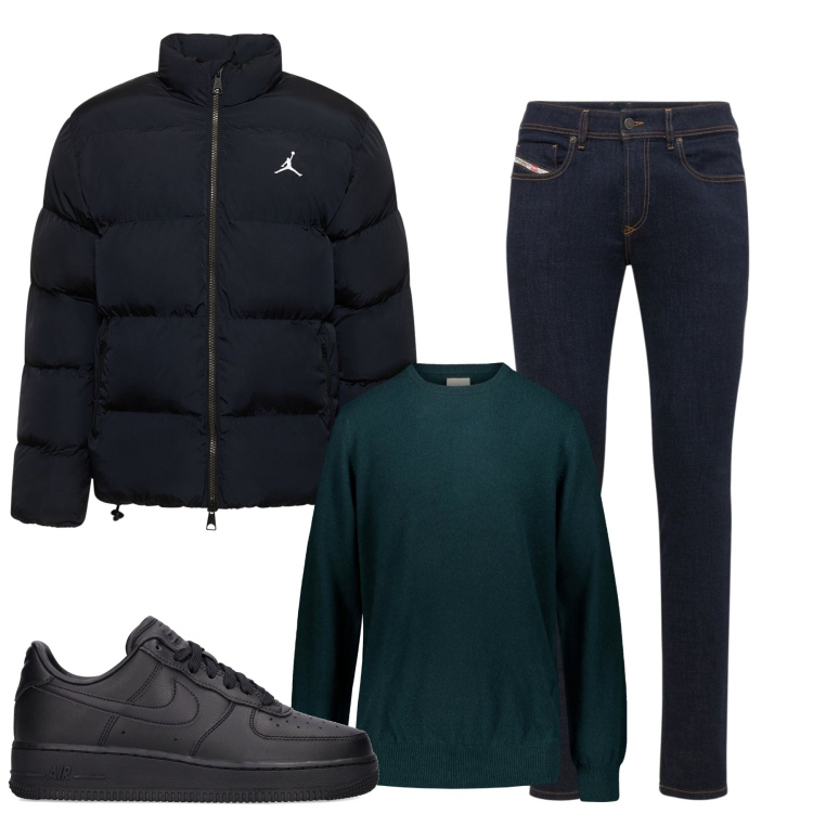 Outfit uomo - In città. Stile Casual per Tutti i giorni. Abbinamento con maglieria, piumini, jeans skinny, sneakers.
