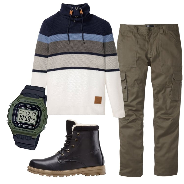 Outfit uomo - Total look #1788892. Stile Casual per Ufficio. Abbinamento con maglieria, stivali e stivaletti, pantaloni cargo, orologi digitali.