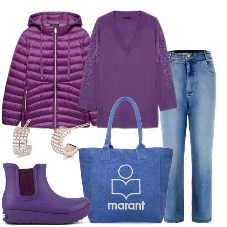 Outfit donna - Giorno di pioggia. Stile Trendy per Tutti i giorni. Abbinamento con orecchini, jeans, stivali, maglieria, piumini, shopping bag.