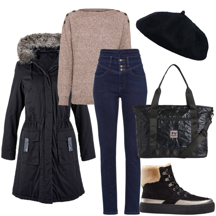 Outfit donna - Gli scarponcini invernali. Stile Basic per Tutti i giorni. Abbinamento con maglieria, jeans skinny, parka, stivaletti, borse tote, cappelli e berretti.