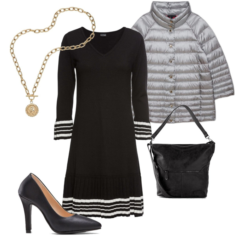 Outfit donna - Il piumino argentato. Stile Bon Ton per Serata fuori. Abbinamento con vestiti, borse a tracolla, décolleté, piumini, collane.