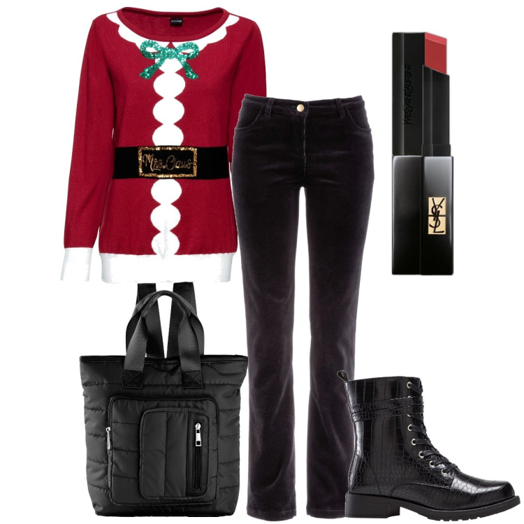 Outfit donna - Spirito natalizio. Stile Basic per Tutti i giorni. Abbinamento con pantaloni, stivaletti, maglieria, zaini, rossetti.