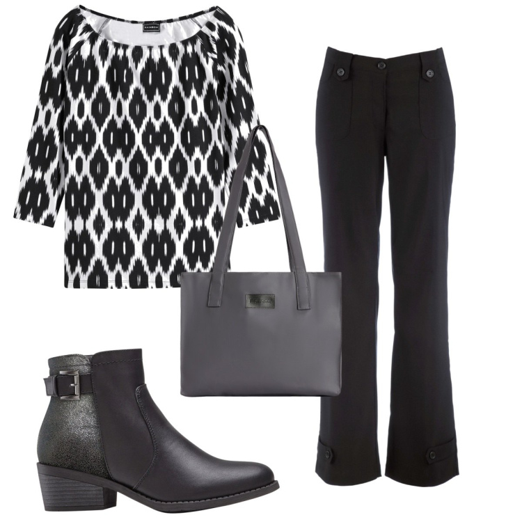 Outfit donna - Total look #1788942. Stile Trendy per Tutti i giorni. Abbinamento con pantaloni, maglieria, stivaletti, shopping bag.