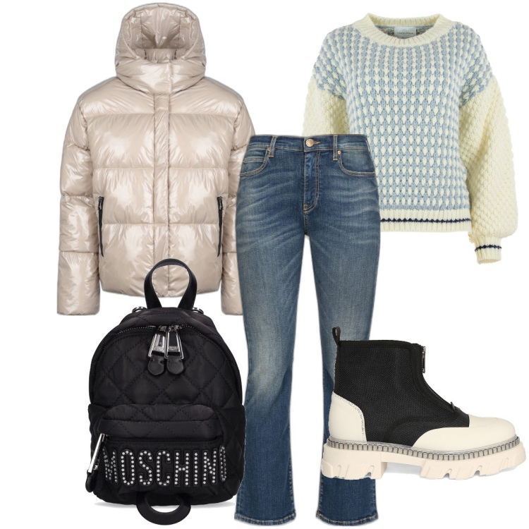 Outfit donna - Passeggiata in montagna. Stile Casual per Tutti i giorni. Abbinamento con jeans bootcut, blazer, maglieria, stivaletti, zaini.