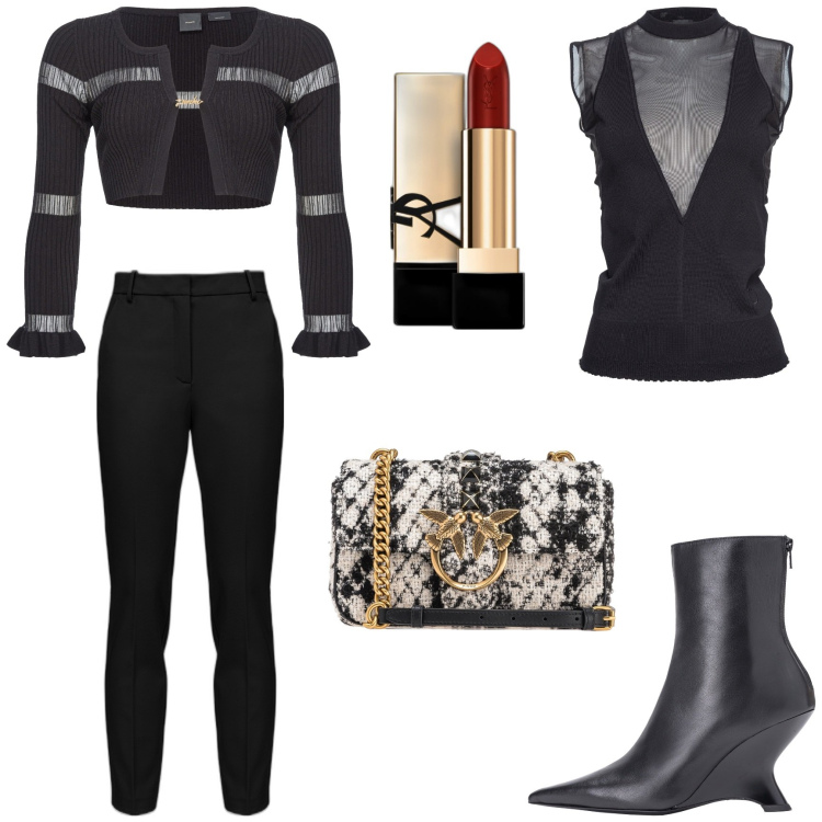 Outfit donna - Pantalone a sigaretta Glam. Stile Glamour per Serata fuori. Abbinamento con rossetti, stivaletti, borse a tracolla, pantaloni, cardigans, maglieria.
