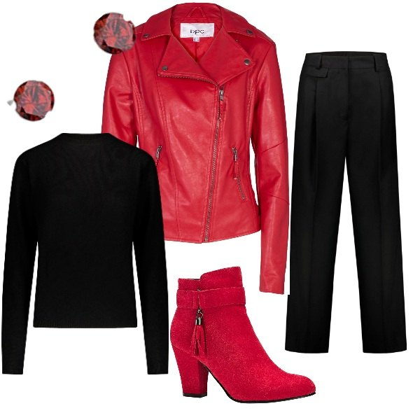 Outfit donna - Rossonero. Stile Rock per Serata fuori. Abbinamento con blazer, stivaletti, pantaloni, orecchini, maglieria.