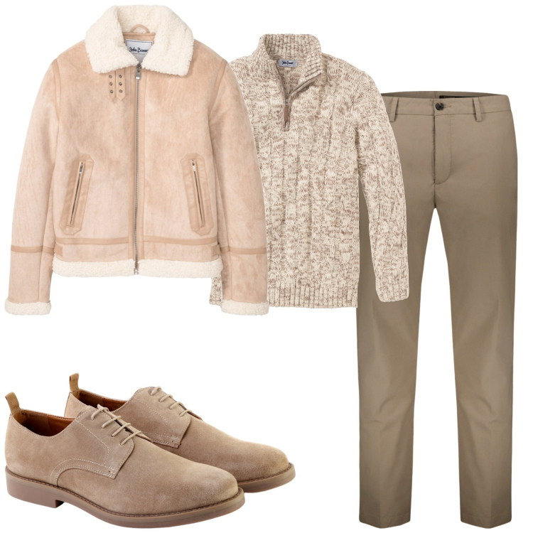 Outfit uomo - Toni chiari. Stile Trendy per Tutti i giorni. Abbinamento con maglieria, bomber, scarpe stringate, pantaloni.