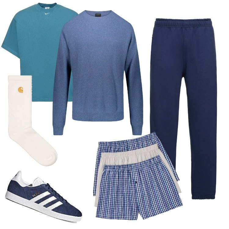 Outfit uomo - Giornata di relax. Stile Casual per Tutti i giorni. Abbinamento con boxer, sneakers, t-shirt, pantaloni, maglieria, calzini.