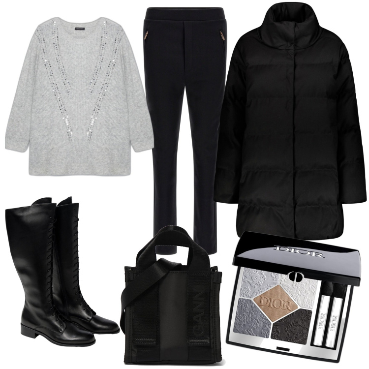 Outfit donna - Il maglione grigio perla. Stile Basic Abbinamento con ombretti, pantaloni, cappotti, maglieria, stivali sopra il ginocchio, shopping bag.