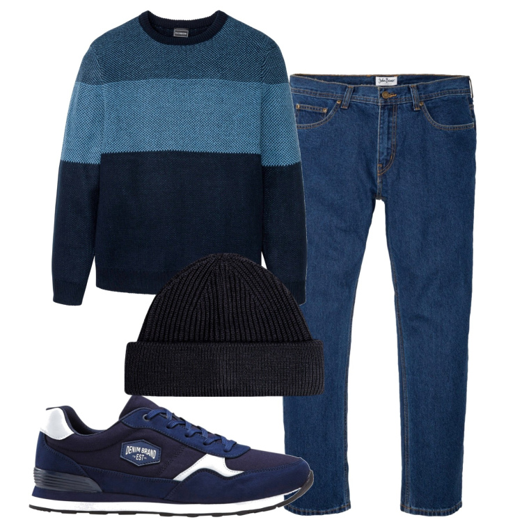 Outfit uomo - Daily. Stile Casual per Tutti i giorni. Abbinamento con sneakers, jeans dritti, maglieria, berretti.