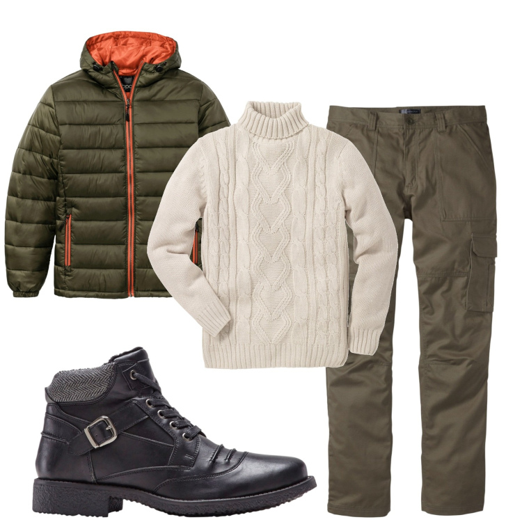 Outfit uomo - Total look #1788977. Stile Casual per Tutti i giorni. Abbinamento con maglieria, giacche, pantaloni cargo, stivali e stivaletti.