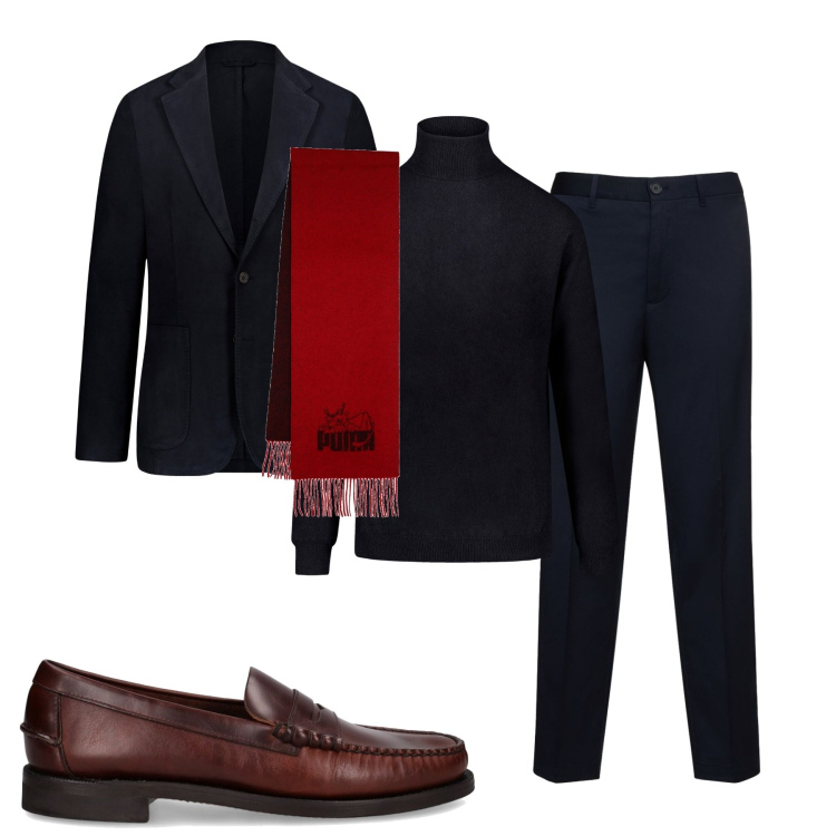 Outfit uomo - Monocrome. Stile Business/Elegante per Tutti i giorni. Abbinamento con maglieria, pantaloni, sciarpe, giacche, scarpe stringate.