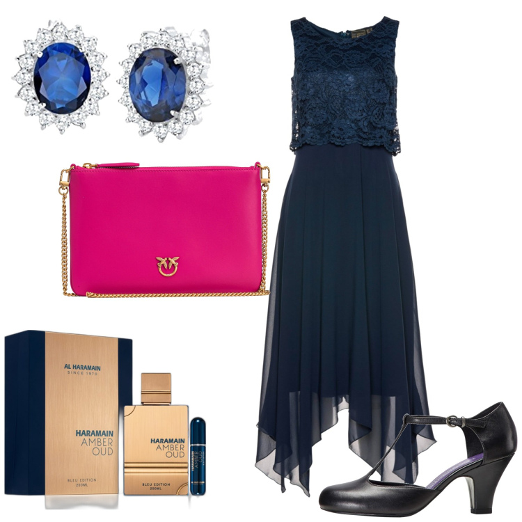 Outfit donna - Serata. Stile Glamour per Serata fuori. Abbinamento con vestiti midi/longuette, décolleté, profumi, borse a tracolla, orecchini.
