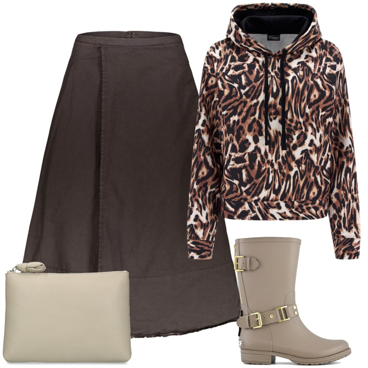 Outfit donna - Leopardato per fine dicembre. Stile Glamour per Serata fuori. Abbinamento con felpe con cappuccio, stivali, gonne lunghe, pochette.
