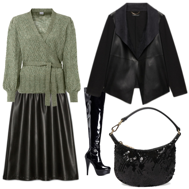 Outfit donna - Voglia di ecopelle. Stile Chic per Ufficio. Abbinamento con maglieria, stivali sopra il ginocchio, blazer, gonne longuette, pochette.
