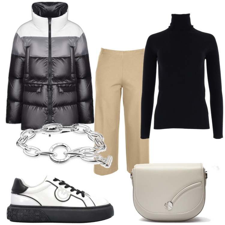 Outfit donna - Total look #1789015. Stile Casual chic per Tutti i giorni. Abbinamento con sneakers, piumini, maglieria, pantaloni, borse a tracolla, braccialetti.