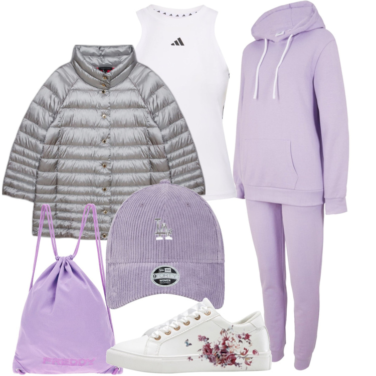 Outfit donna - Lilla in palestra. Stile Casual per Sport. Abbinamento con sneakers, tute sportive, zaini, piumini, cappelli, canottiere.