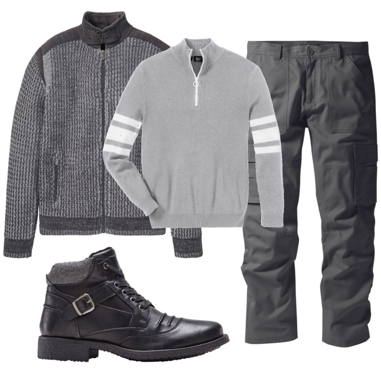 Outfit uomo - Total look #1789017. Stile Casual per Ufficio. Abbinamento con t-shirt sportive, cardigans, pantaloni cargo, stivali e stivaletti.