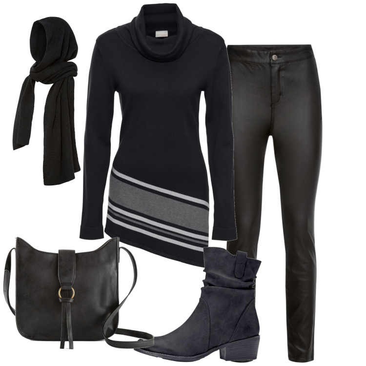 Outfit donna - Dicembre. Stile Basic per Tutti i giorni. Abbinamento con stivaletti texani, borse a tracolla, sciarpe, maglieria, pantaloni.