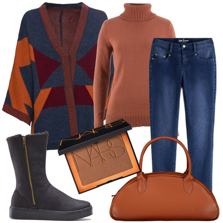Outfit donna - Colori caldi. Stile Casual per Tutti i giorni. Abbinamento con stivali, cardigans, maglieria, jeans slim fit, terre, borse a spalla.