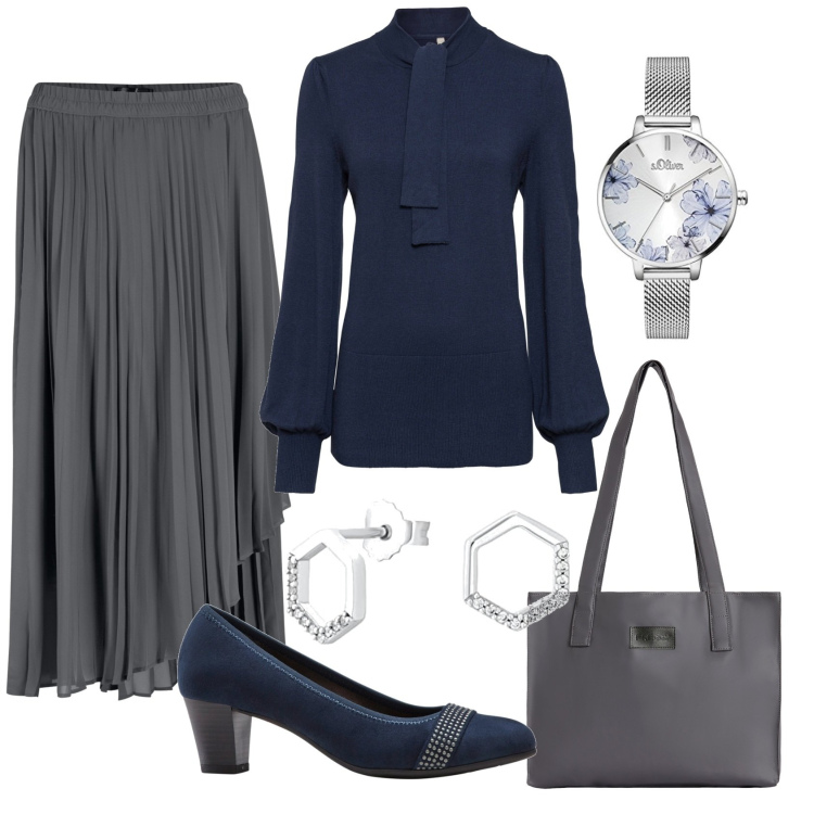 Outfit donna - La gonna in grigio. Stile Romantica per Ufficio. Abbinamento con décolleté, gonne, maglieria, shopping bag, orecchini, orologi analogici.