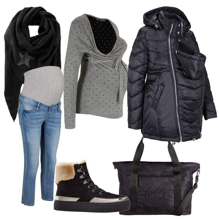 Outfit donna - Una futura mamma a spasso con il freddo. Stile Casual per Tutti i giorni. look ideale per Premaman. Abbinamento con foulard, jeans skinny, maglieria, stivaletti, giacche, borse tote.