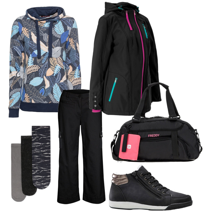 Outfit donna - Sportiva. Stile Casual per Tutti i giorni. Abbinamento con pantaloni cargo, sneakers alte, felpe, blazer, valigie, top.