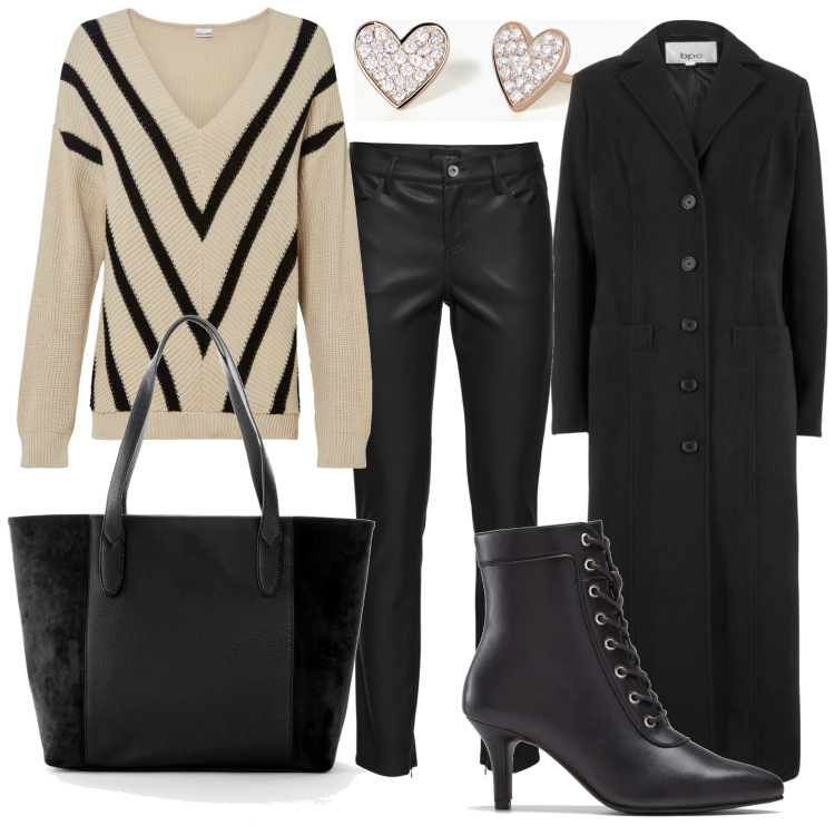 Outfit donna - Serata fuori. Stile Minimal per Serata fuori. Abbinamento con cappotti, shopping bag, maglieria, pantaloni, stivaletti, orecchini.