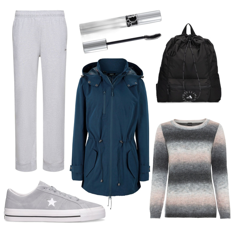 Outfit donna - Sportiva. Stile Casual per Tutti i giorni. Abbinamento con maglieria, parka, mascara, sneakers, pantaloni, zaini.
