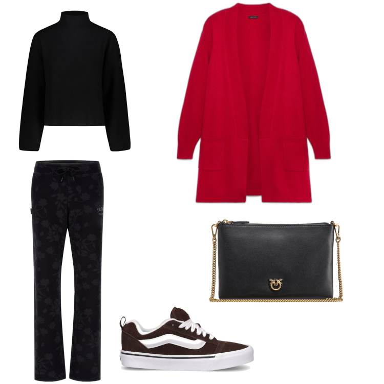 Outfit donna - Vestiario per una serata. per Serata fuori. Abbinamento con borse a tracolla, pantaloni, maglieria, cardigans, sneakers alte.