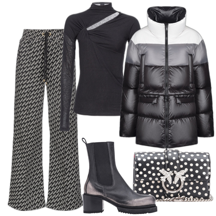 Outfit donna - Bianco, nero e grigio. Stile Trendy per Tutti i giorni. Abbinamento con pantaloni, stivaletti chelsea, maglieria, borse a tracolla, piumini.