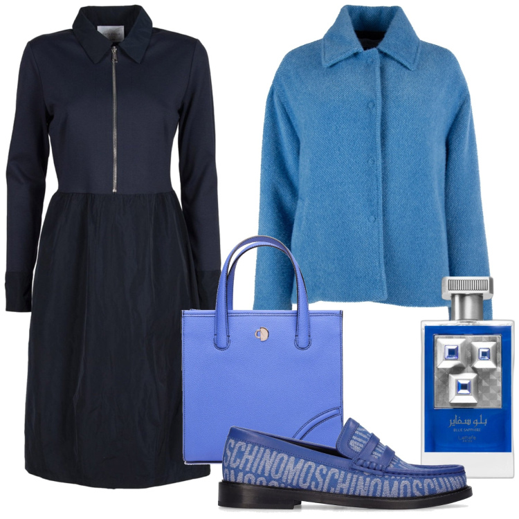 Outfit donna - Coi mocassini. Stile Casual chic per Tutti i giorni. Abbinamento con profumi, vestiti, mocassini, caban, shopping bag.