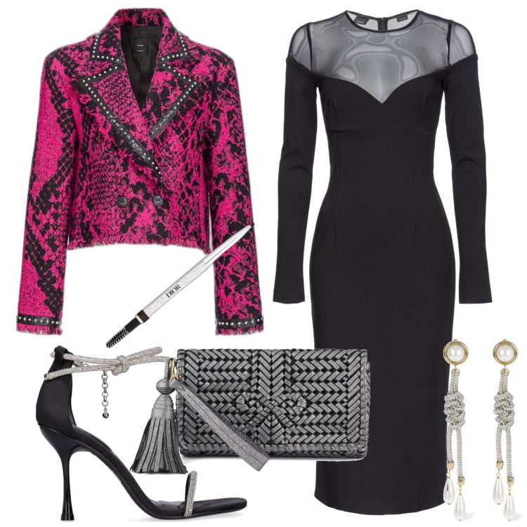 Outfit donna - Veglione. Stile Chic per Serata fuori. Abbinamento con eyeliner, vestiti midi/longuette, cappotti, sandali in pelle, pochette, orecchini.