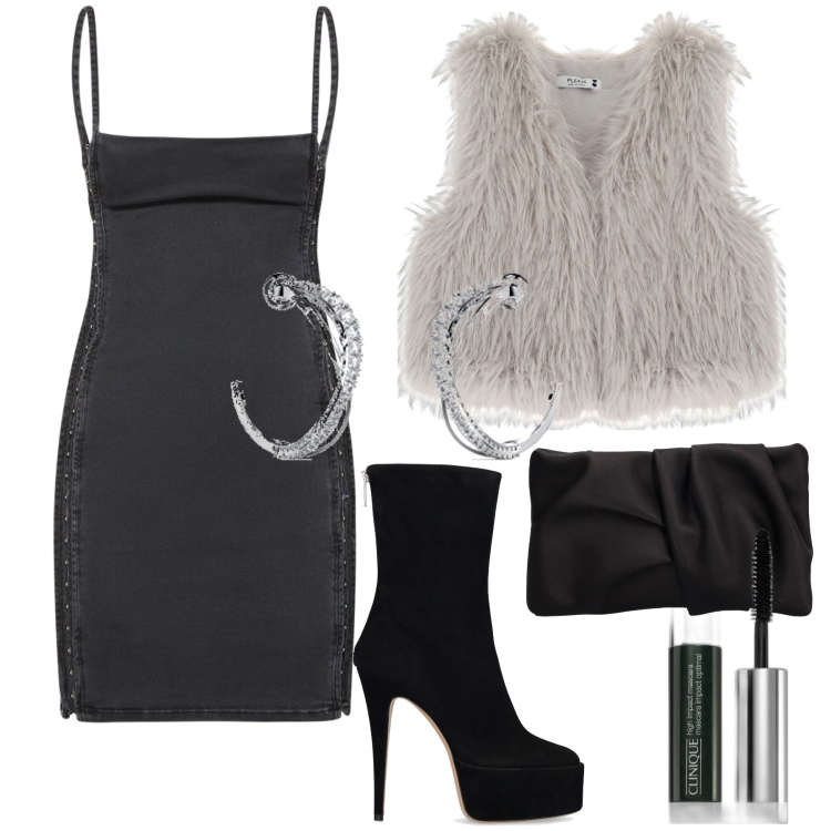 Outfit donna - Aspettando i rintocchi. Stile Glamour per Serata fuori. Abbinamento con mascara, gilet, orecchini, stivaletti, vestiti corti, pochette.