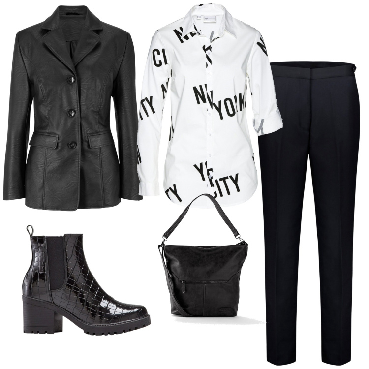 Outfit donna - Completo chic. Stile Casual chic per Ufficio. Abbinamento con camicie, stivaletti chelsea, blazer, borse a tracolla, pantaloni.