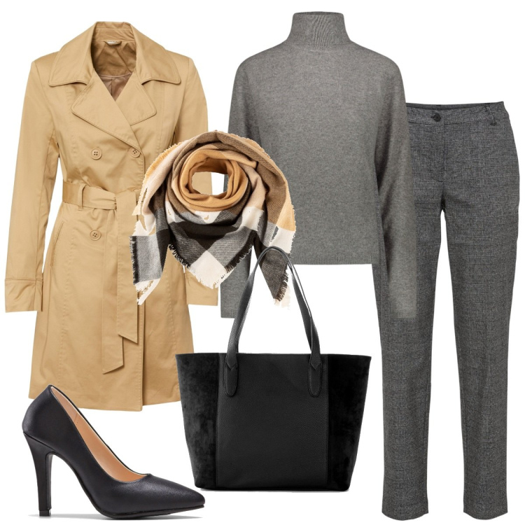 Outfit donna - Vera lady. Stile Chic per Tutti i giorni. Abbinamento con pantaloni, shopping bag, trench, foulard, décolleté, maglieria.