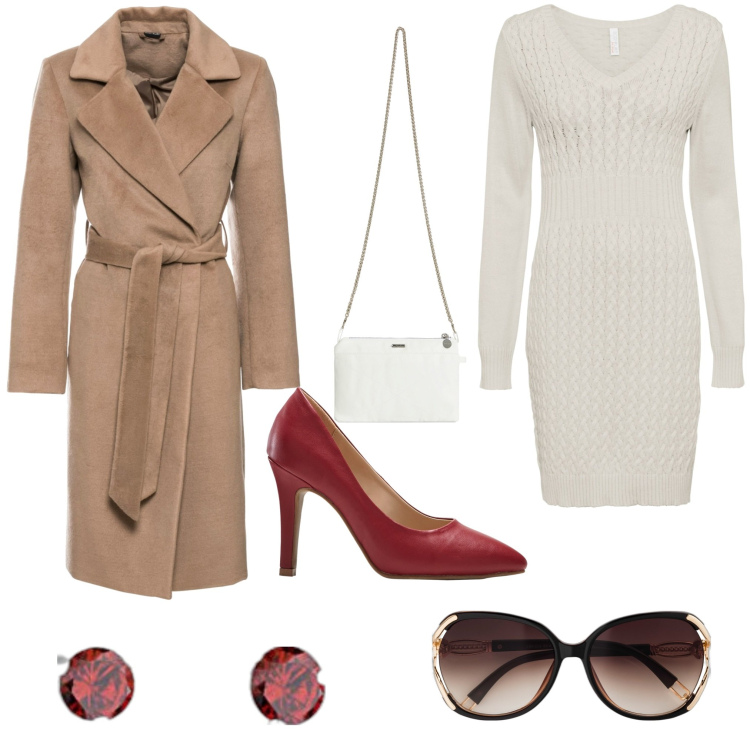 Outfit donna - Total look #1789088. Stile Casual chic per Tutti i giorni. Abbinamento con vestiti, occhiali da sole, décolleté, cappotti, clutch, orecchini.