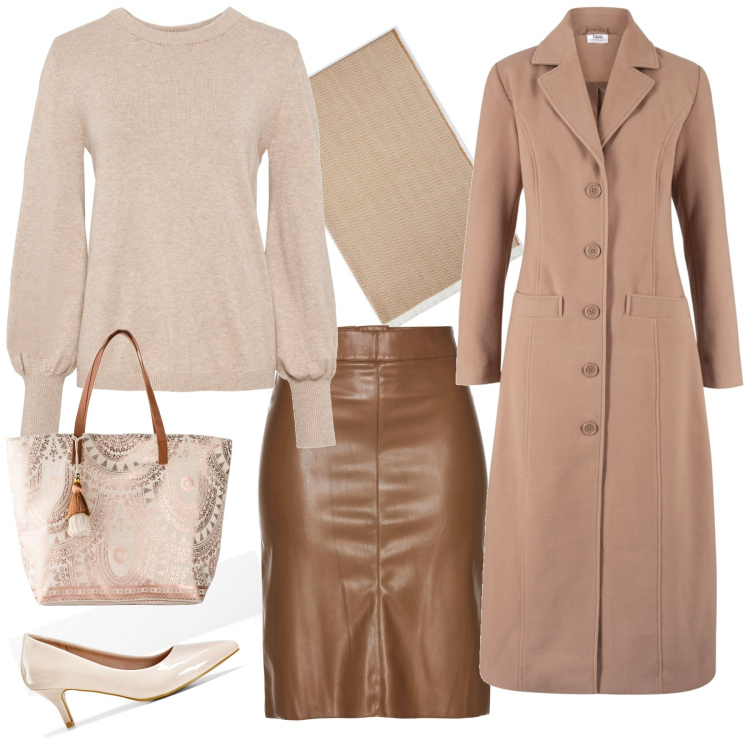 Outfit donna - Soft e chic. Stile Bon Ton per Tutti i giorni. Abbinamento con maglieria, gonne longuette, cappotti, décolleté, shopping bag, sciarpe.