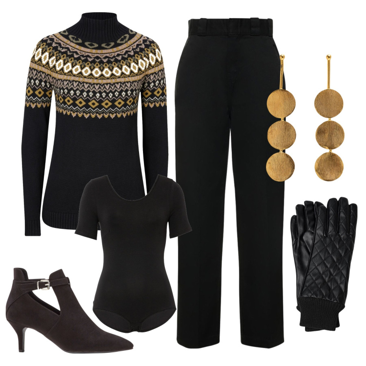 Outfit donna - Chic e raffinata low cost. Stile Chic per Serata fuori. Abbinamento con body, maglieria, stivaletti, pantaloni, orecchini, guanti.