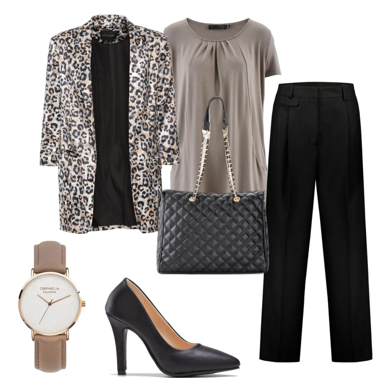 Outfit donna - Giacca animalier. Stile Chic per Serata fuori. Abbinamento con shopping bag, blazer, maglieria, décolleté, pantaloni, orologi analogici.