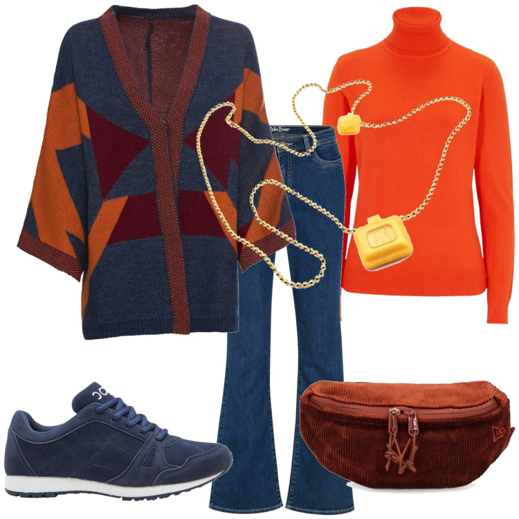 Outfit donna - Total look #1789115. Stile Casual per Tutti i giorni. Abbinamento con jeans bootcut, cardigans, maglieria, sneakers alte, marsupi, orologi digitali.