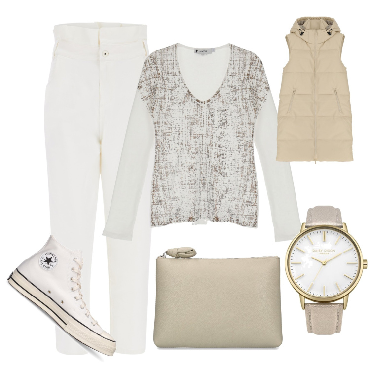 Outfit donna - Bianca e beige. Stile Basic per Tutti i giorni. Abbinamento con jeans, maglieria, piumini, orologi, sneakers, pochette.