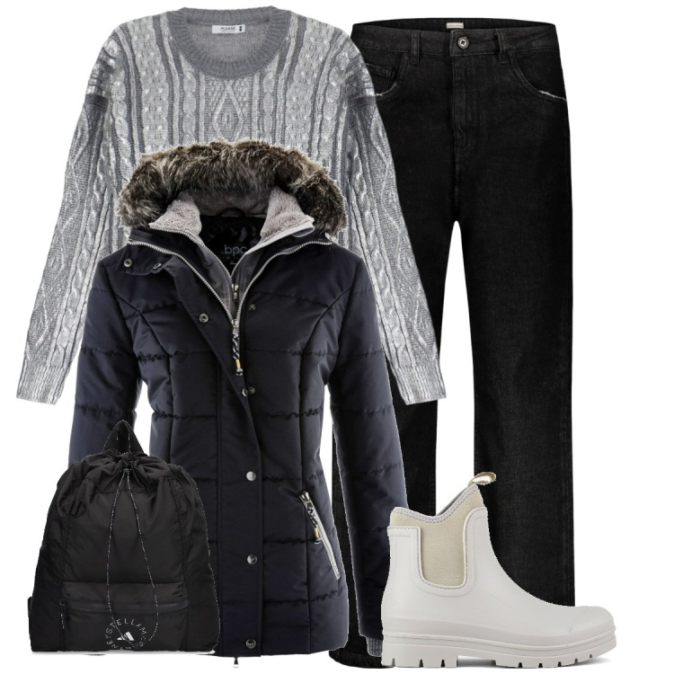 Outfit donna - In baita. Stile Casual per Tutti i giorni. Abbinamento con piumini, pullovers, stivali, jeans, zaini.