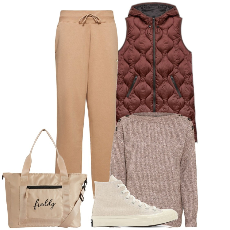 Outfit donna - Casuale. Stile Casual per Scuola/Università. Abbinamento con maglieria, piumini, borse tote, sneakers, pantaloni.