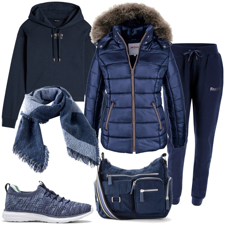 Outfit donna - Total look #1789133. Stile Casual per Tutti i giorni. Abbinamento con piumini, sneakers, borse a tracolla, sciarpe, pantaloni, felpe con cappuccio.