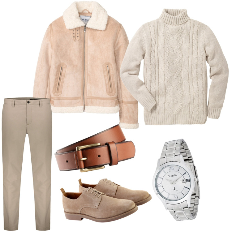 Outfit uomo - Look dai toni chiari. Stile Casual per Tutti i giorni. Abbinamento con maglieria, bomber, cinture, pantaloni, scarpe stringate, orologi.